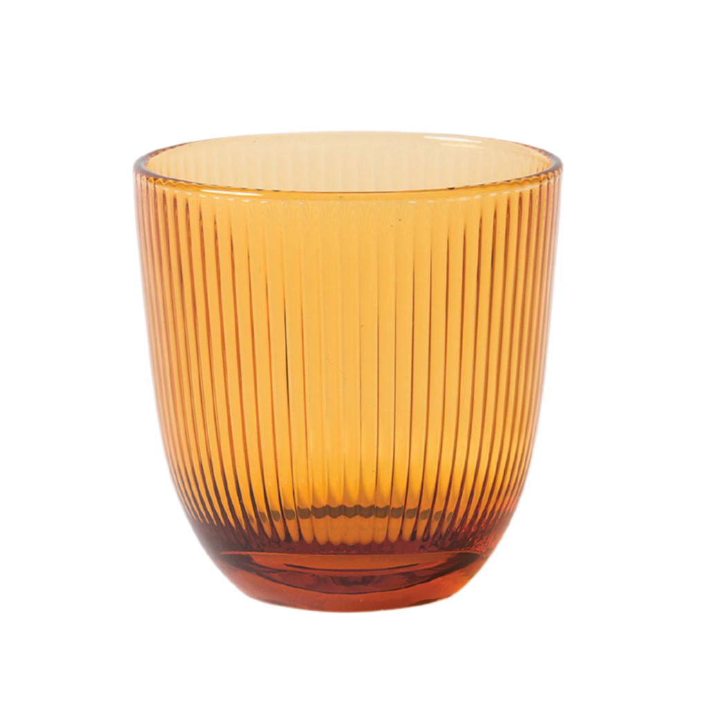 A brown rounded ribbed drinking glass tumbler