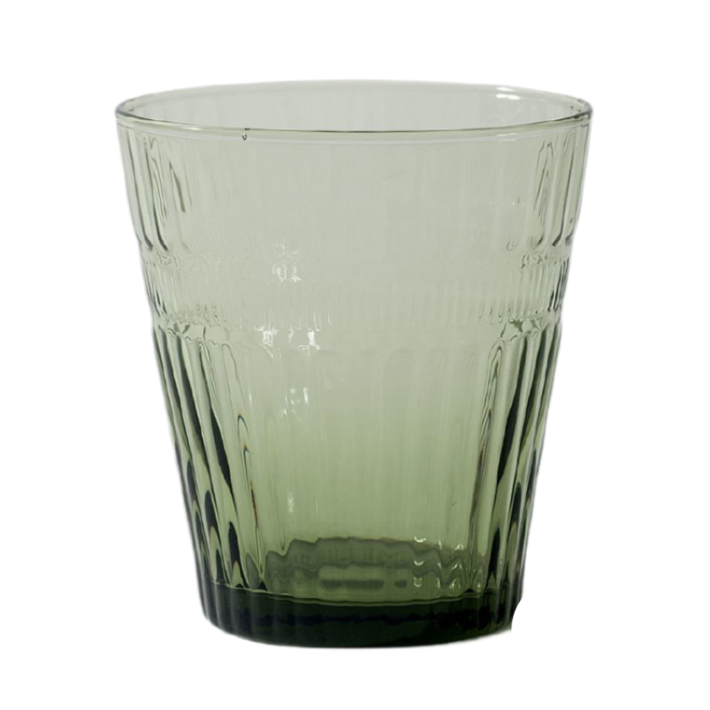 A printed patterned green glass drinking tumbler